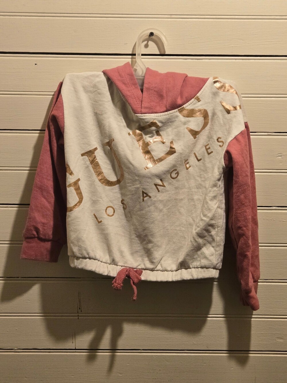 GUESS Hoodie Kids M(5-6) Pink White Los Angeles Logo Drawstring Pullover